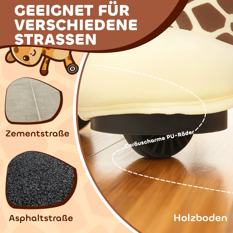 AIYAPLAY Giraffe om op te rijden, rijdend rijpaard in giraffevorm, op batterijen, wasbare bekleding, pedalen, stille wielen, muziek, 1,5-5 jaar, bruin