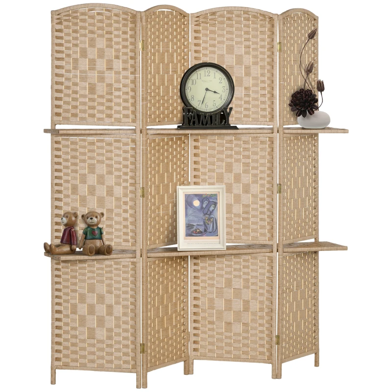 HOMCOM 4-teiliger Paravent, 160 x 170 cm, faltbare Trennwand mit 2 Regalen, Naturholz