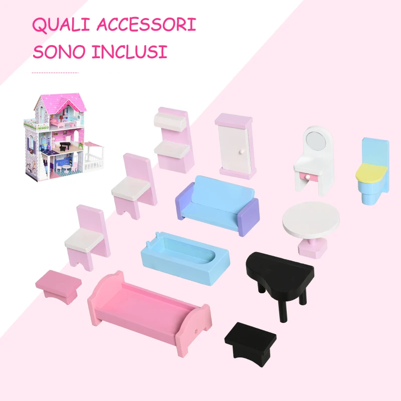 HOMCOM Casa delle Bambole in Legno, Casetta delle Bambole per Bambini a 3 Piani con 13 Accessori, Giocattolo per Bambini 3+ Anni