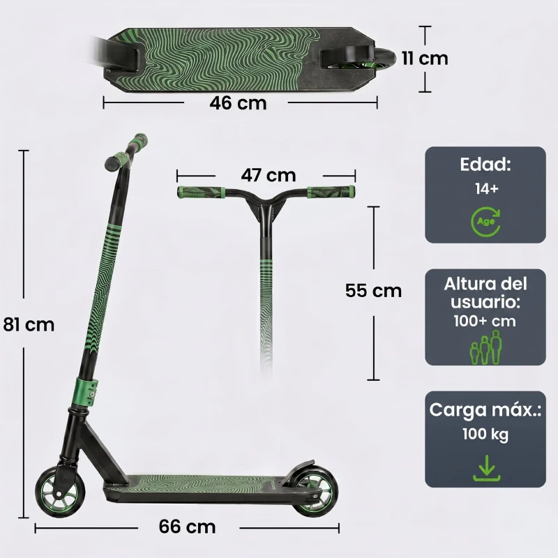 SPORTNOW Scooter Acrobático para Trucos Patinete Freestyle con Rodamientos ABEC-9 Ruedas 120 mm Giro 360° para Skatepark Verde