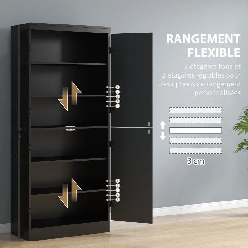HOMCOM Buffet haut cuisine, armoire de cuisine avec 4 portes à 6 niveaux et étagères réglables, 76 x 40 x 176,7 cm, noir