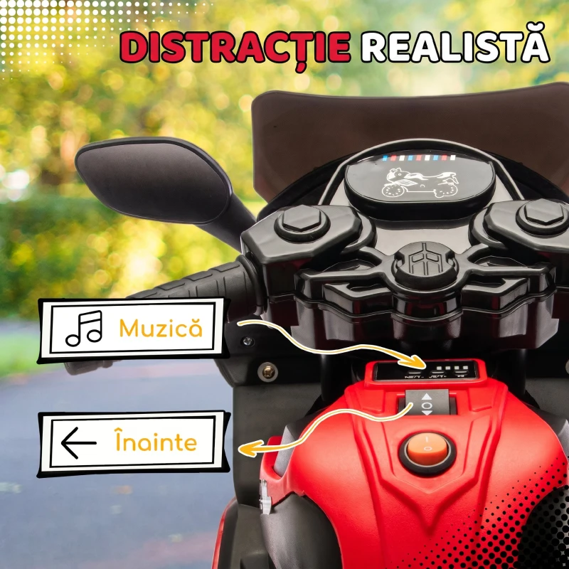 AIYAPLAY Motocicletă Electrică pentru Copii 18-36 luni, 6V, cu Roți Detașabile, Faruri și Melodii, Roșu
