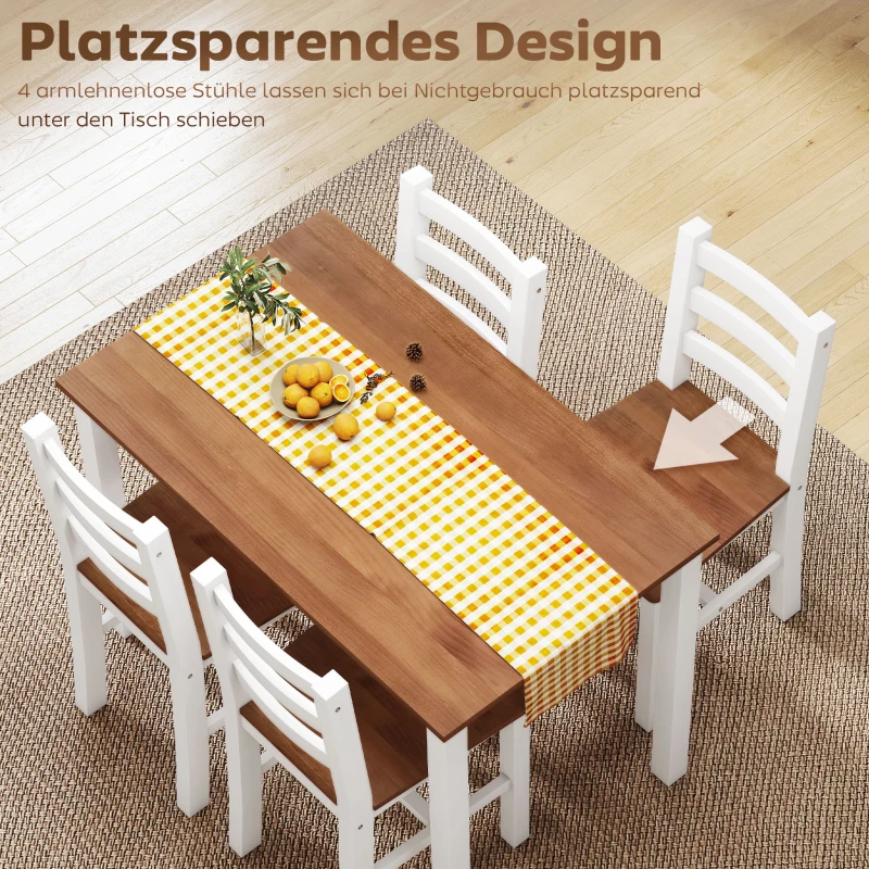 HOMCOM Eetset met eettafel en 4 stoelen, eetkamerset van grenenhout, bruin+wit
