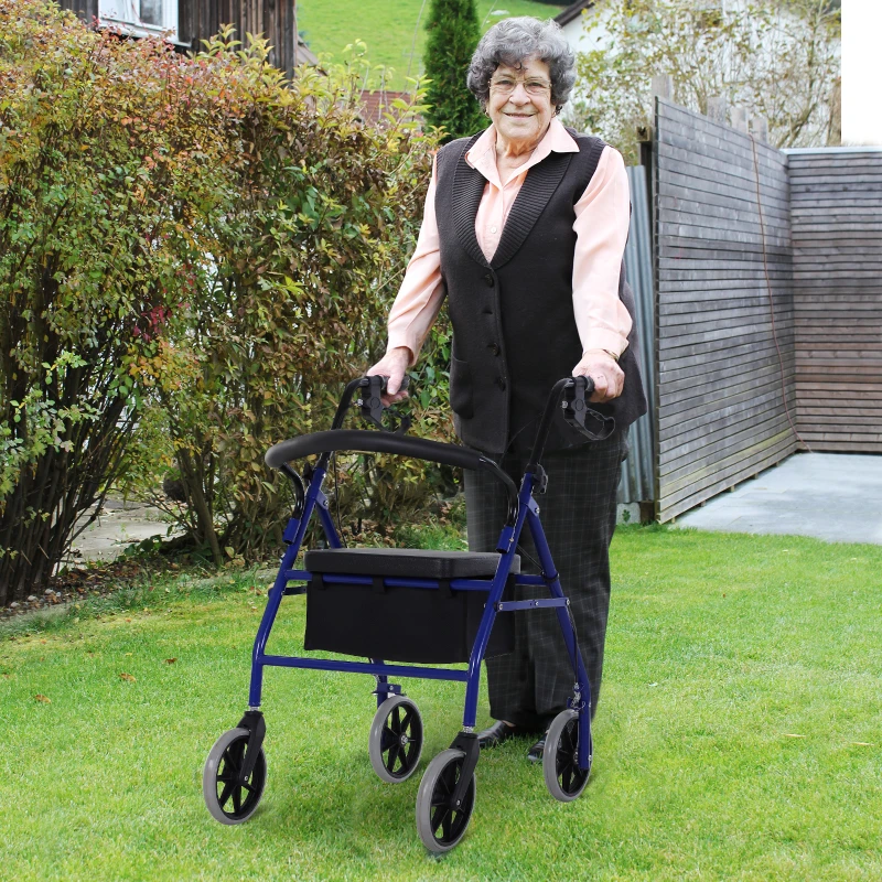 HOMCOM Andador para Adultos Plegable Con Almacenaje Asiento y Frenos 65x53x79-89 cm Azul y Negro
