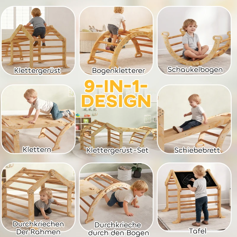 AIYAPLAY 9-in-1 indoor klimrek, helling, glijbaan, ladder, krijtbord, voor peuters, hout(m-4)
