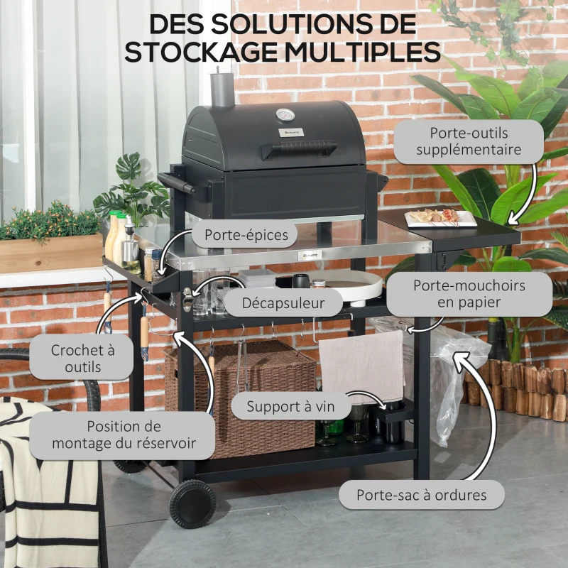 Outsunny Chariot pour barbecue plancha avec plateau en inox, multi-équipements, 6 crochets, tablette rabattable, 2 roulettes