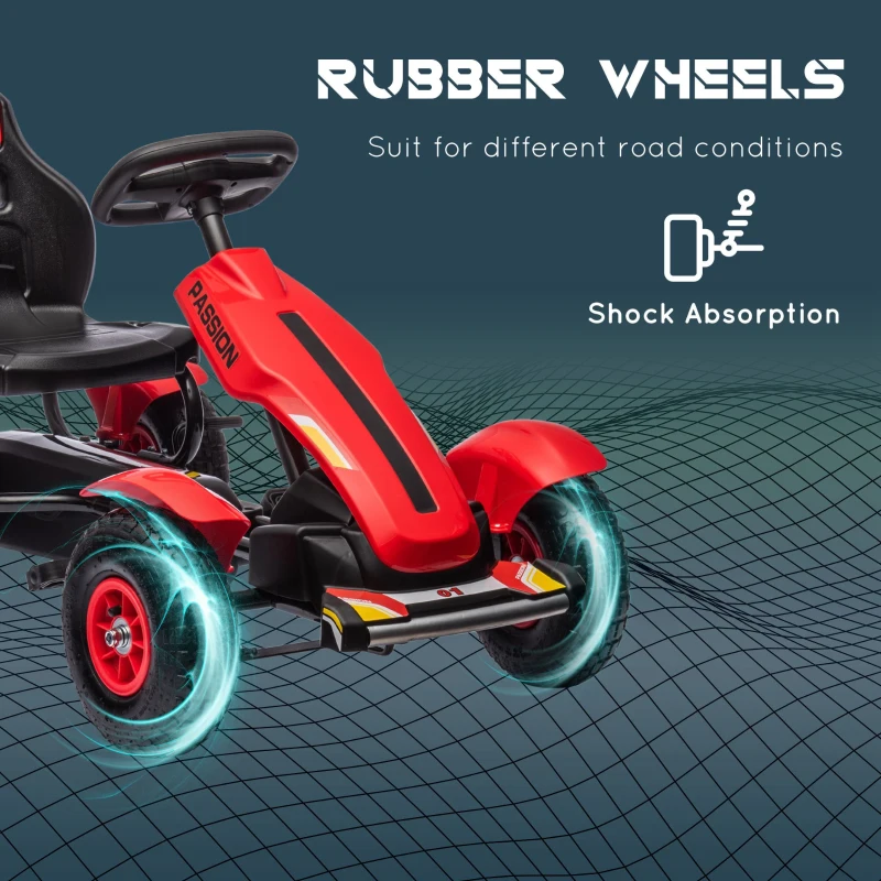 HOMCOM Pedal Go Kart, Kids Ride On Racer with Adjustable Seat, Inflatable Rubber Tyres, Handbrake for Ages 5-12 Years - Red