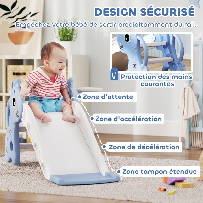 AIYAPLAY Toboggan pour enfants 3 en 1 en forme de girafe avec panier de basket, escalade et ballon, 106 x 51,5 x 52 cm, bleu