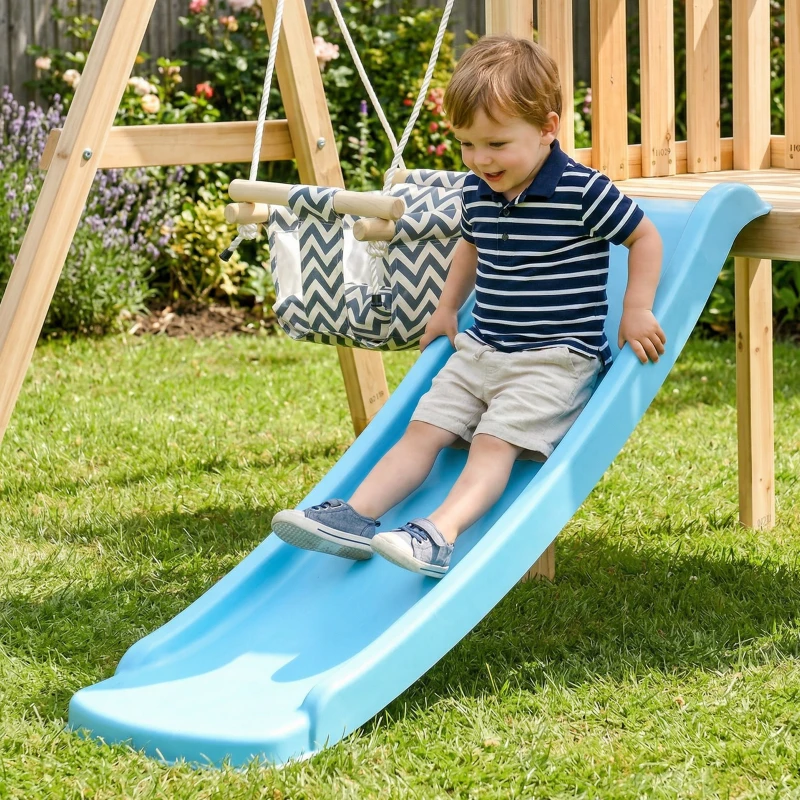 AIYAPLAY Columpio y Tobogán Infantil Exterior de Madera con Volante Telescopio para Niños de 18-48 Meses Madera Natural
