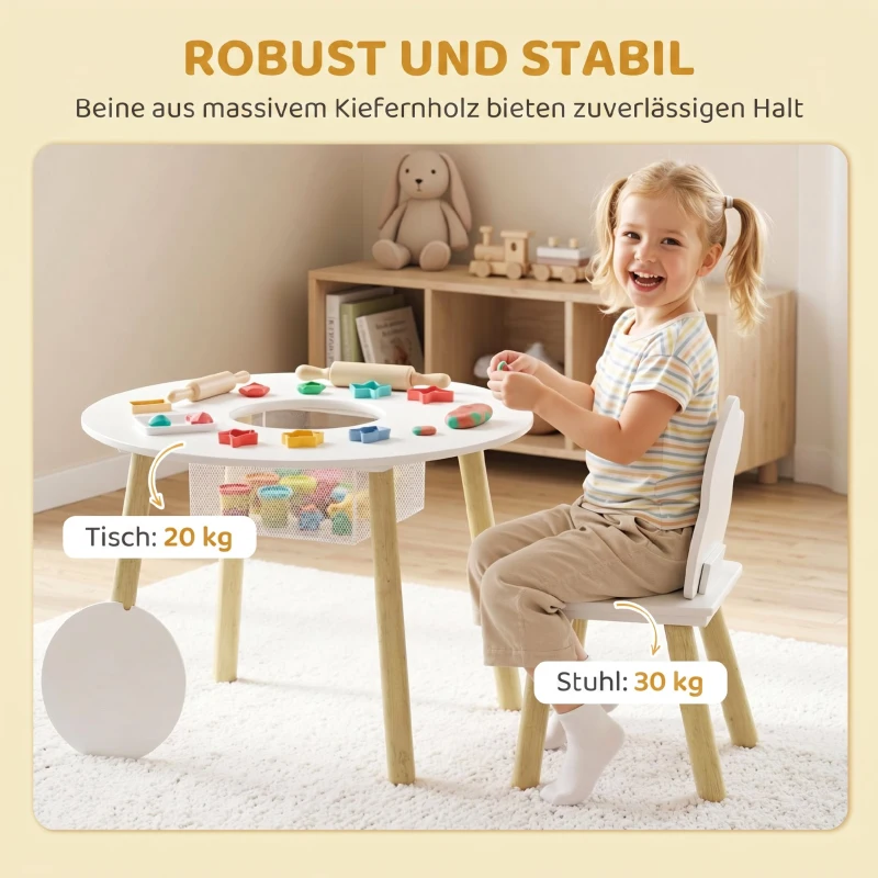 AIYAPLAY Kindertisch mit Stühlen und Aufbewahrung, 3-teiliges Kinder-Möbelset in Weiß und Natur für Spielzimmer und Kinderzimmer