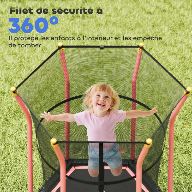 HOMCOM Trampoline pour enfant 1,22 x 1,11 x 1,9 m filet de sécurité porte zippée 6 poteaux rembourrés inclus rouge noir