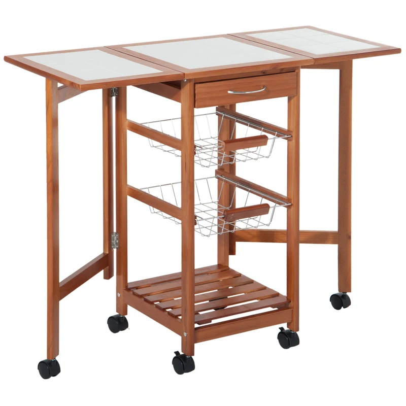 HOMCOM Mesa Auxiliar Cocina 91x37x75 cm Plegable 6 Ruedas 1 Cajón 2 Cestas Carrito Servicio Pino Metal Cromado