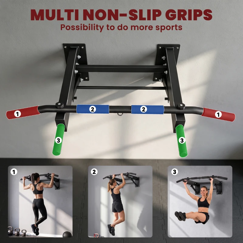 SPORTNOW Pull Up Bar Wall Mounted Chin Up Bar with Folding Design, 3 Hooks for Resistance Bands, Supports up to 120 kg, Black