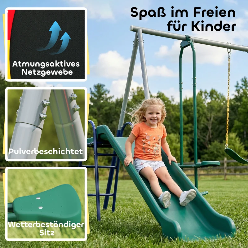 AIYAPLAY 5 in 1 schommelrek met glijbaan in hoogte verstelbaar schommelrek met nestschommel 382x196 x203 cm Meerkleurig