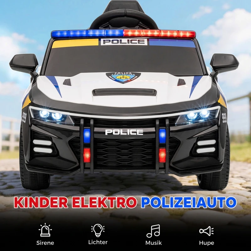 AIYAPLAY 12V Kinder Elektroauto Polizei Polizeiauto mit Fernbedienung Sirene Warnlicht Musik & Hupe Doppelmotoren Federung Weiß