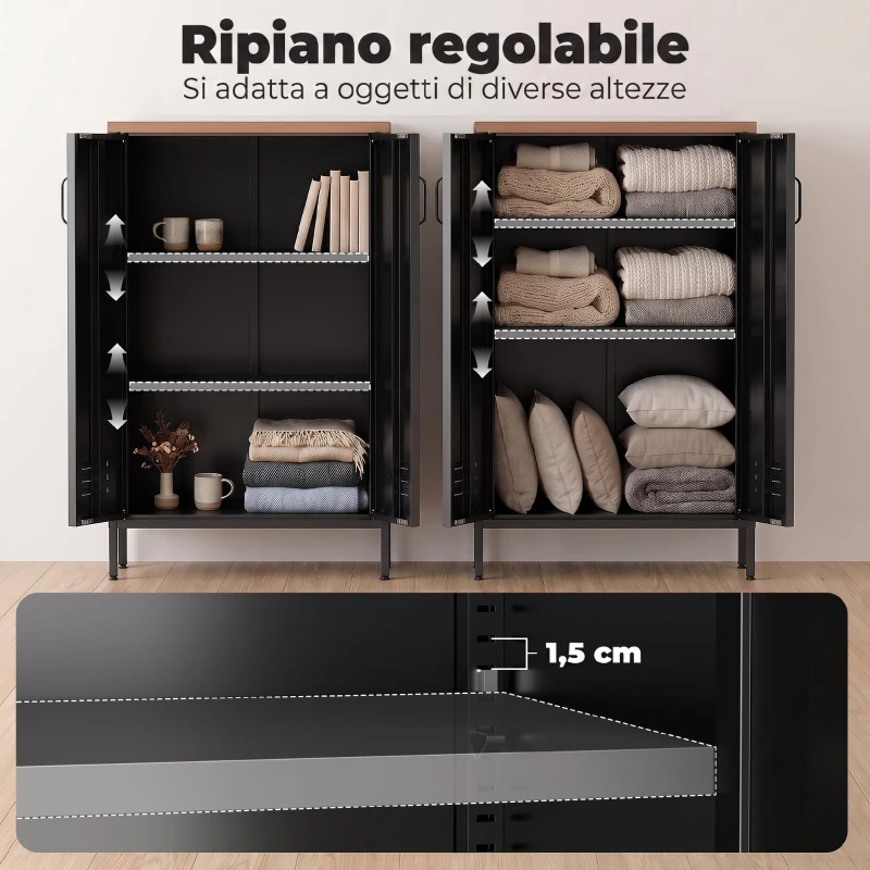 HOMCOM Credenza in Metallo con 2 Ante e Ripiano Regolabile, 65x35x105 cm, Nero