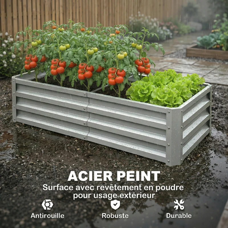 Outsunny Carré potager de jardin rectangulaire tôle d'acier ondulée 120 x 60 x 30,5 cm argent
