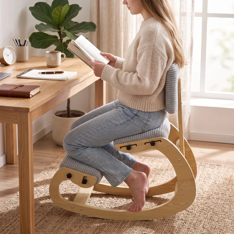 HOMCOM Chaise à Genoux Ergonomique avec Dossier, Siège Assis Genoux à Bascule Rembourré en Velours Côtelé, Gris Clair