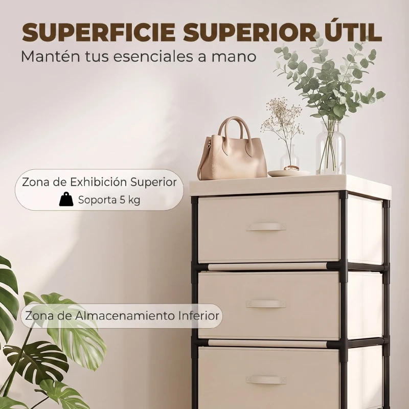 HOMCOM Cómoda para Dormitorio con 5 Cajones de Tela Marco de Acero Cajonera para Salón Oficina Vestidor Beige