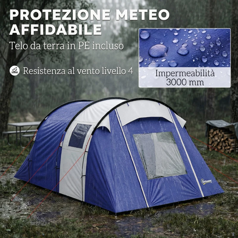 Outsunny Tenda a Tunnel per 4 Persone con Camera e Zona Giorno, Impermeabile 3000 mm, Tenda da Campeggio, Blu Scuro