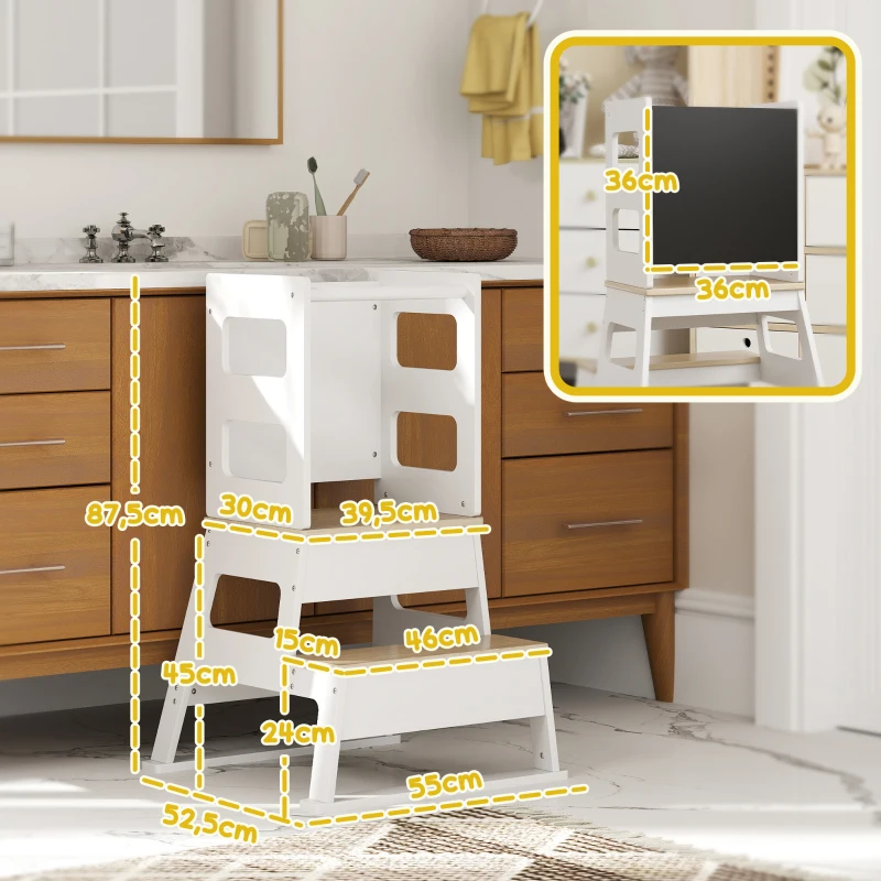 AIYAPLAY Torre Montessoriana per Bambini con Lavagna e Ringhiera, in Legno, 55x52.5x87.5 cm, Bianco e color Legno
