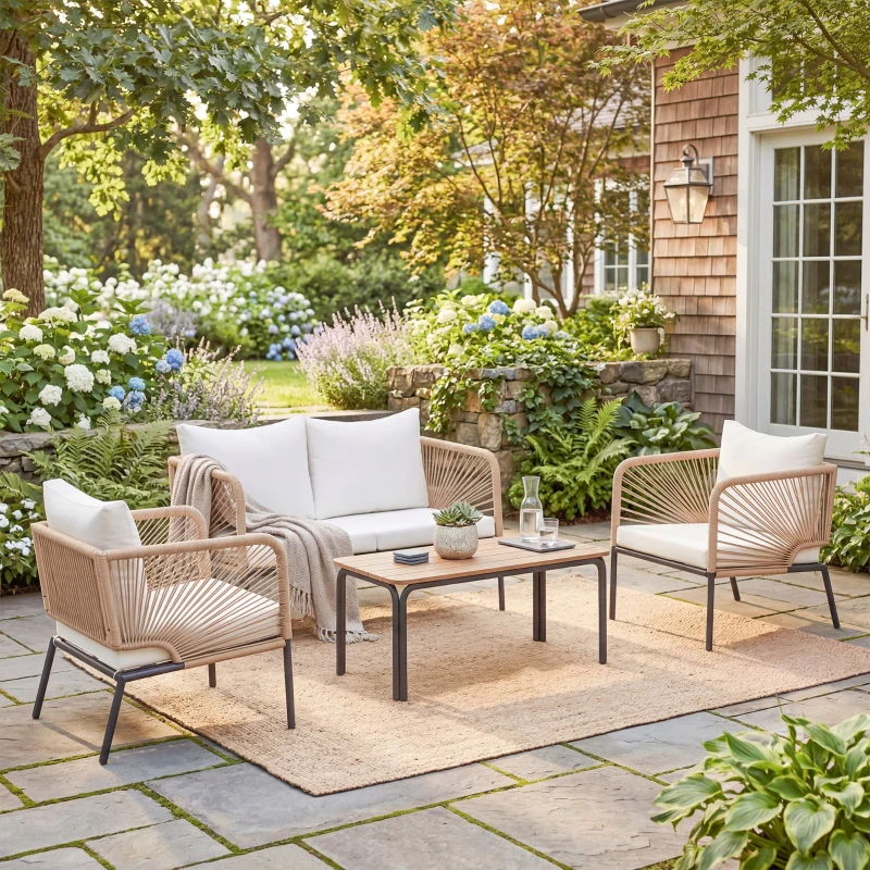 Outsunny Conjunto Jardín Exterior de 4 Piezas con Sofá 2 Sillones y Mesa WPC Ratán PE Tipo Cuerda Cojines Acolchados Blanco