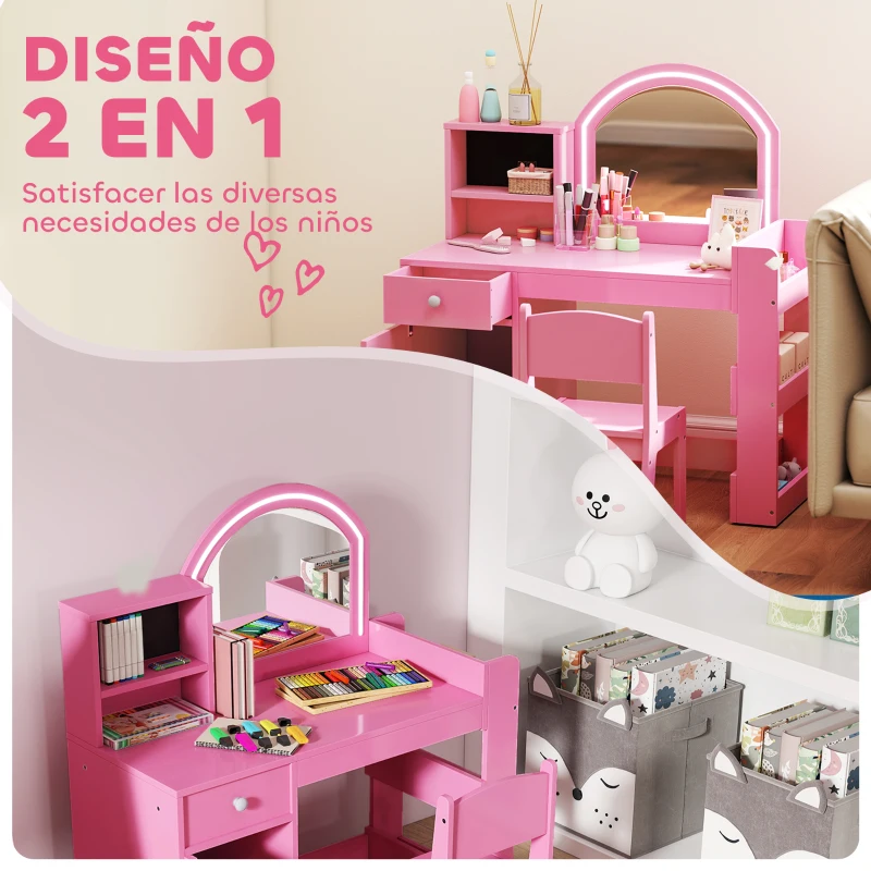 AIYAPLAY Tocador de Maquillaje Niña Tocador Infantil con Taburete y Espejo con Luces LED 1 Cajón Armario y 5 Estantes Rosa