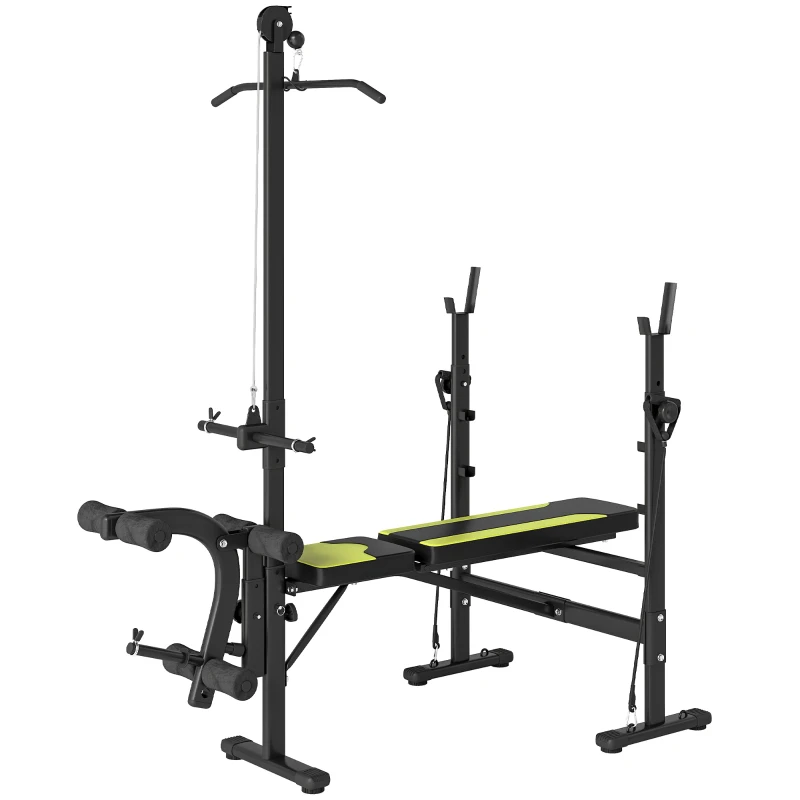 HOMCOM Banco de Pesas Multifuncional con Entrenador de Polea Banco de Musculación Reclinable con Altura Ajustable para Fitness Entrenamiento Completo en Gimnasio y Casa Carga 300 kg Negro