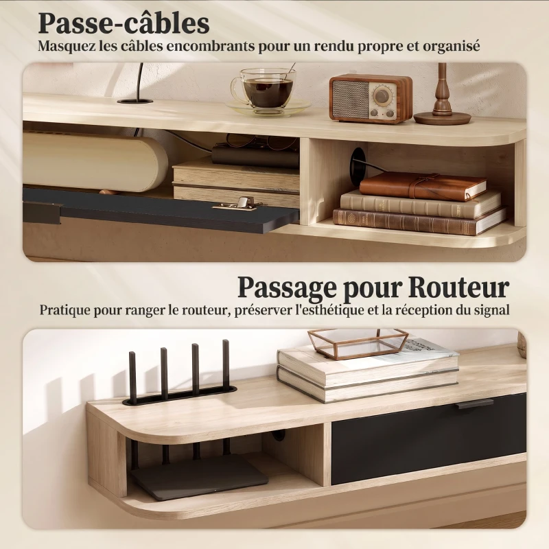 HOMCOM Meuble TV suspendu, meuble télé pour téléviseur jusqu'à 75 pouces, tiroir rabattable 2 étagères 180x24x16cm bois naturel