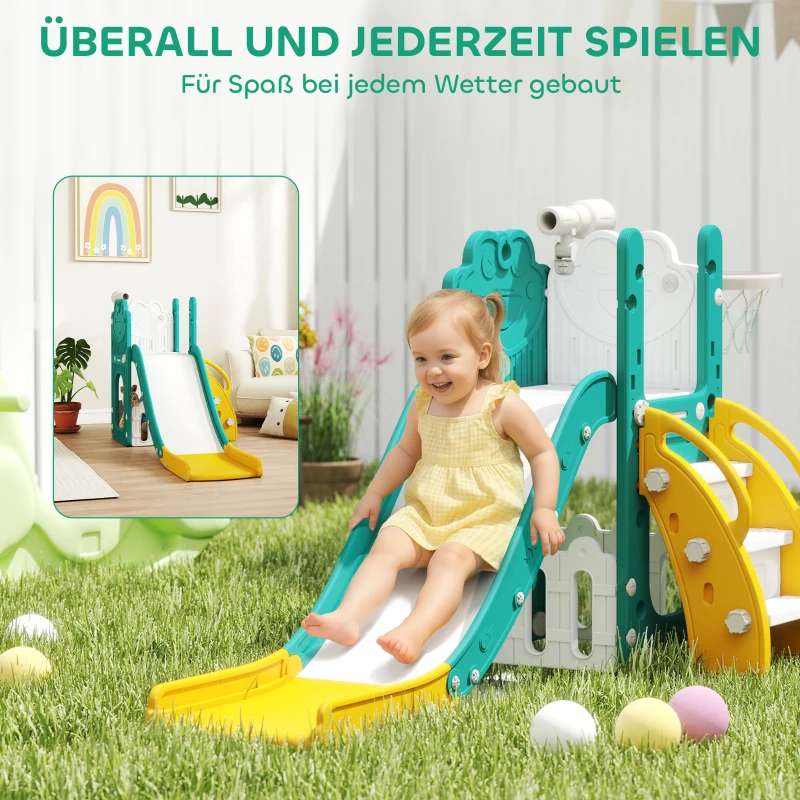 AIYAPLAY 5-in-1 kinderrutschenset, telescoop, basketbalnet, kunststof, Geel+Groen