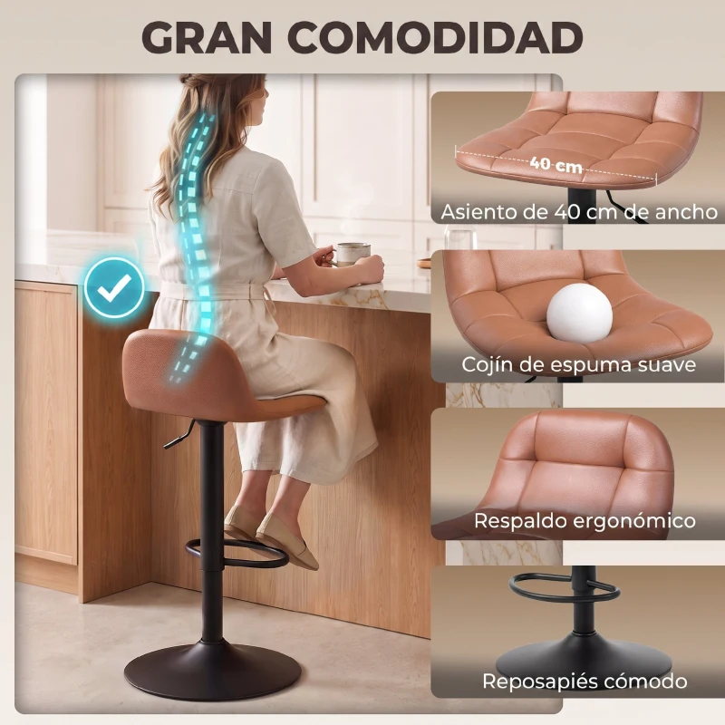 HOMCOM Juego de 2 Taburetes Altos de Cocina Giratorios 360° Regulables en Altura con Reposapiés Tapizados en Cuero Sintético