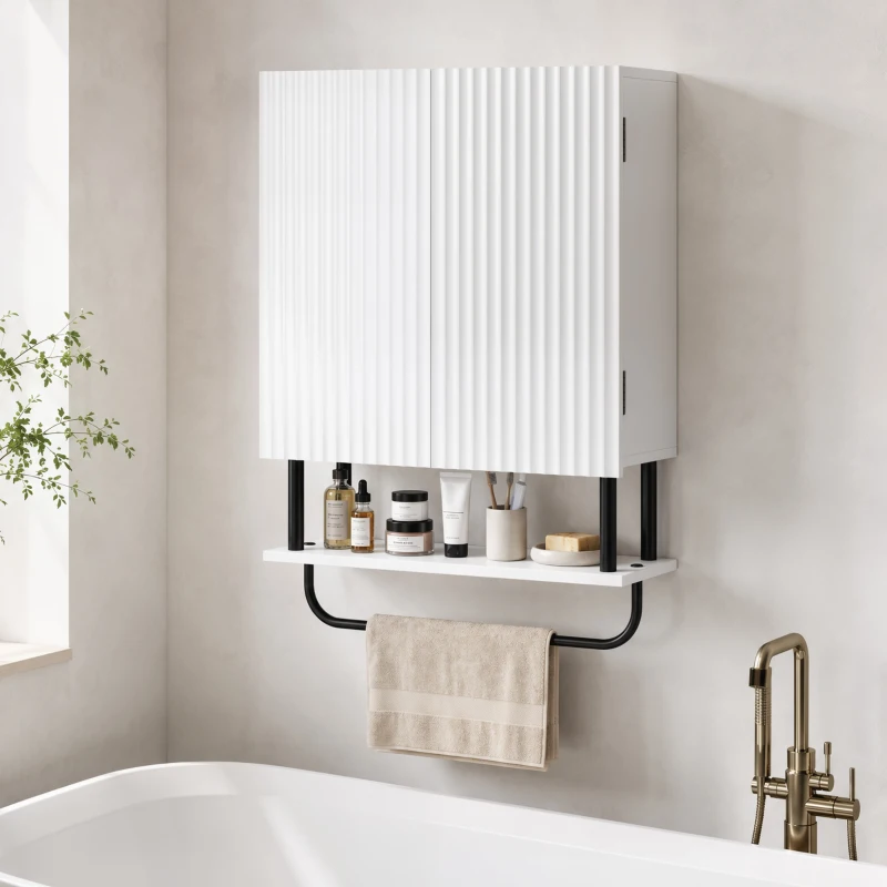 HOMCOM Bathroom Wall Cabinet Modern Space Saver Wall Mounted Cabinet Doors Storage White