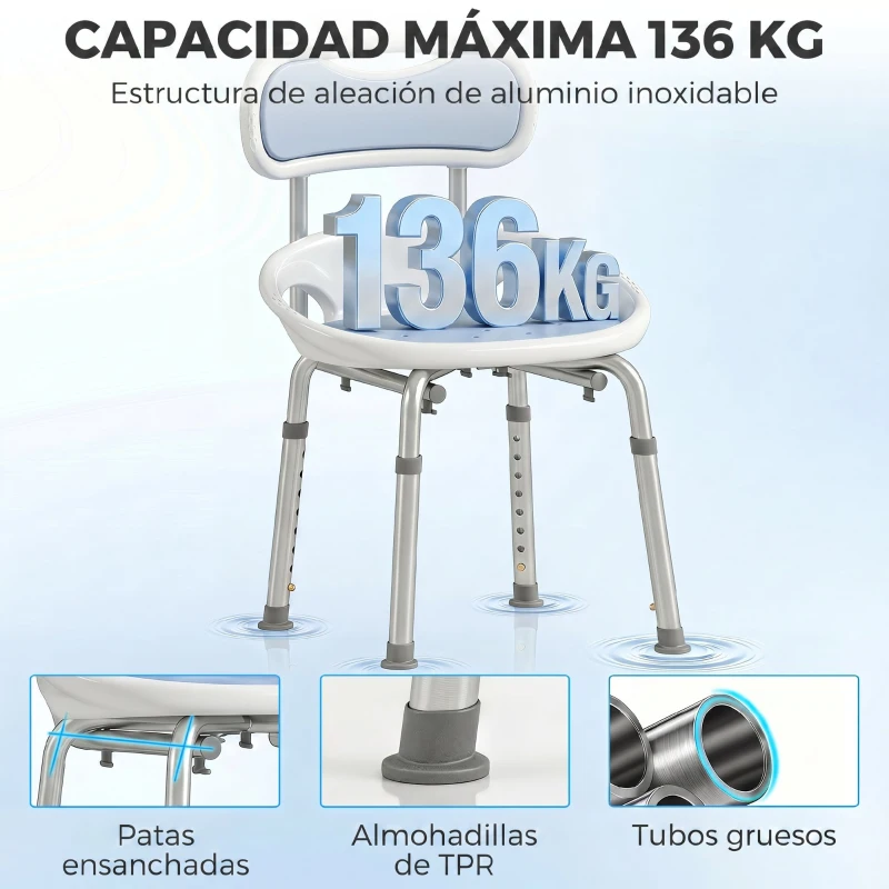 HOMCOM Silla Ducha Personas Mayores con Protectores Laterales Respaldo Antideslizantes Altura Regulable Carga 136 kg Azul
