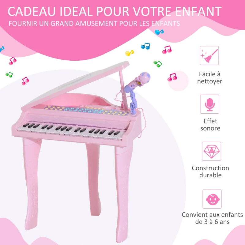 HOMCOM Piano à Queue électronique 37 Touches Multifonctions avec Micro Haut Parleur Rose