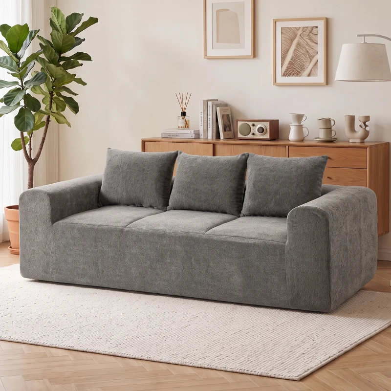 HOMCOM Canapé 3 Places en Chenille 220 cm, Canapé Salon Moderne avec Assise et Accoudoirs Larges, 3 Coussins, Gris