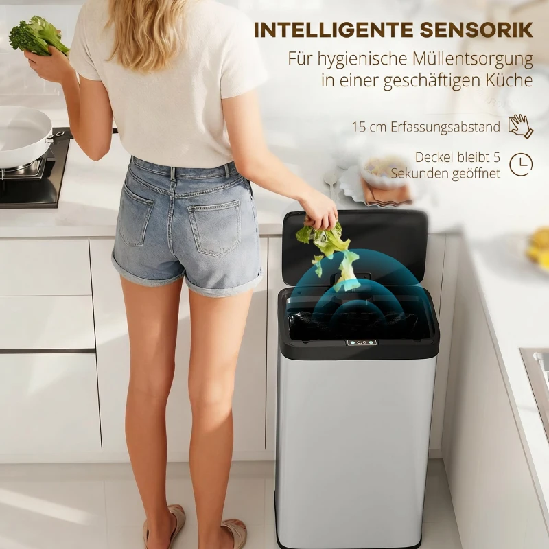HOMCOM Sensorprullenbak 45L met soft-close deksel en bewegingssensor, voor keuken, slaapkamer en kantoor, zilver