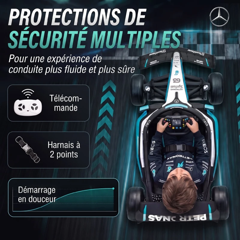 AIYAPLAY Kart Électrique Enfants 12V, Go Kart Mercedes-AMG PETRONAS F1 avec 2 Moteurs, Télécommande, 3 Vitesses, Noir