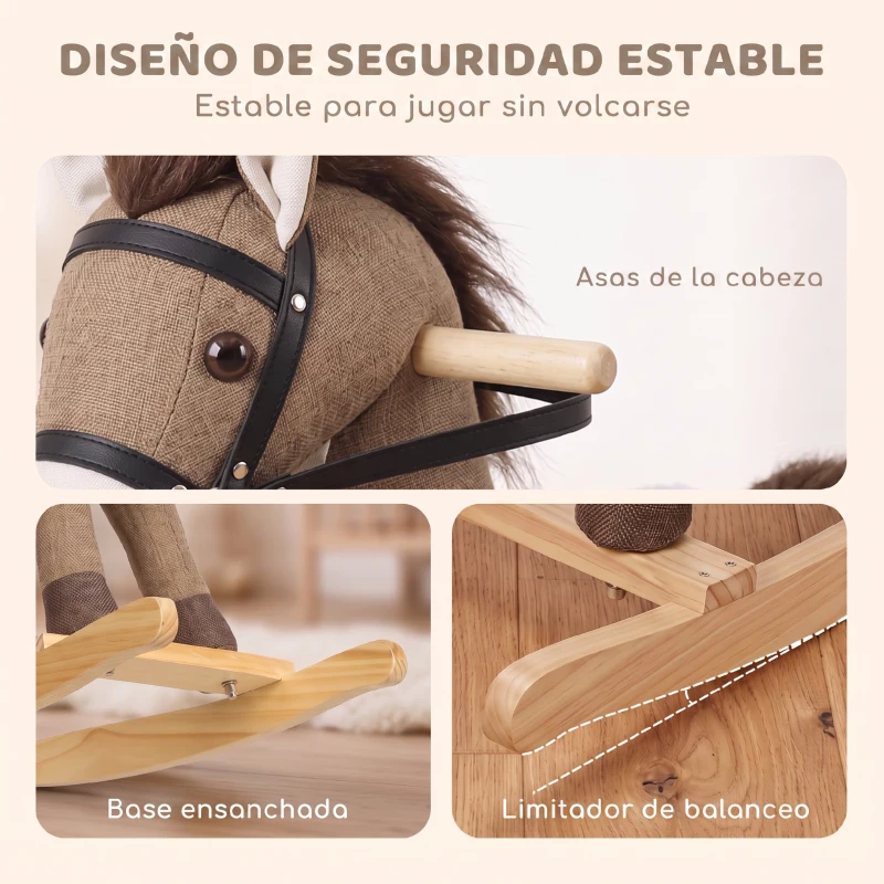 AIYAPLAY Caballo Balancín con Sonidos y Asas de Seguridad Base de Madera para Niños de 12 a 36 Meses Marrón Oscuro