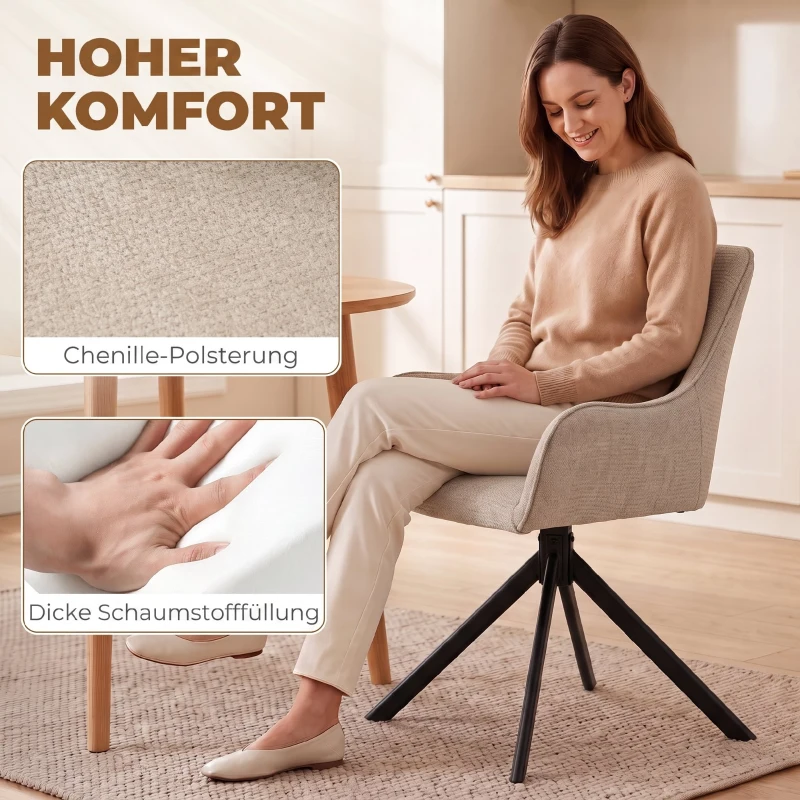 HOMCOM Eetkamerstoelen set van 2, draaibare stoelen met armleuningen, metalen frame, voor woonkamer en eetkamer, beige