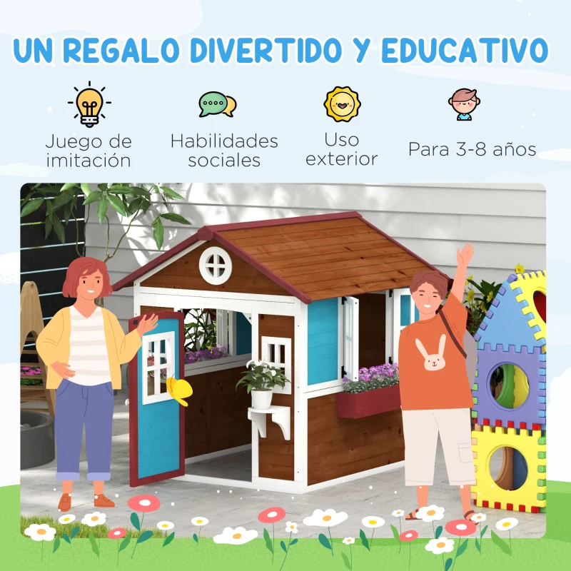 Outsunny Casita de Madera Infantil con Puerta Ventanas Jardineras y Repisas con Detalles de Color 114x126,4x135 cm Marrón Oscuro