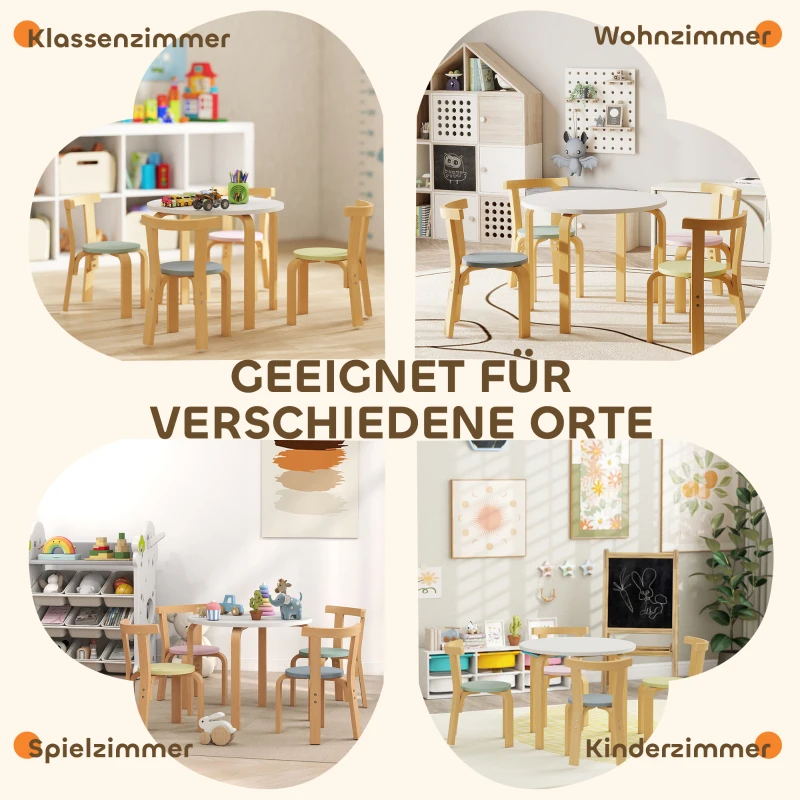 AIYAPLAY 5-delig kindertafel- en stoelset, licht massief hout, meerkleurig