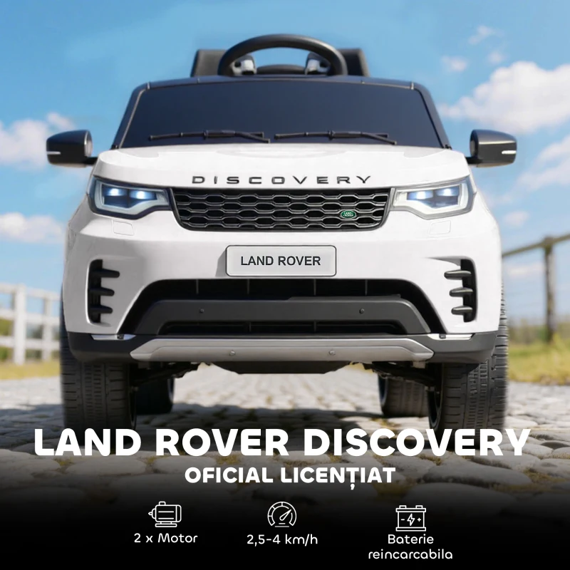 AIYAPLAY Mașină Electrică pentru Copii cu Licență Land Rover, Faruri LED, Claxon și Telecomandă, 105x68.5x58 cm, Albă