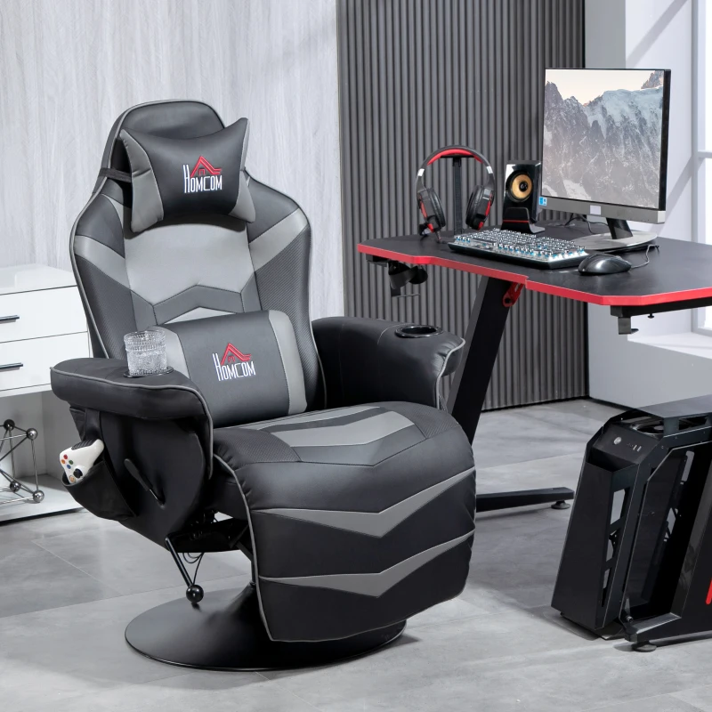 HOMCOM Massage Gaming Chair, Swivel Racing Video Gaming Recliner with Retractable Footrest, Headrest, Cup Holders and Side Pockets, Ergonomic High Back PU Leather Executive Desk Chair, Grey