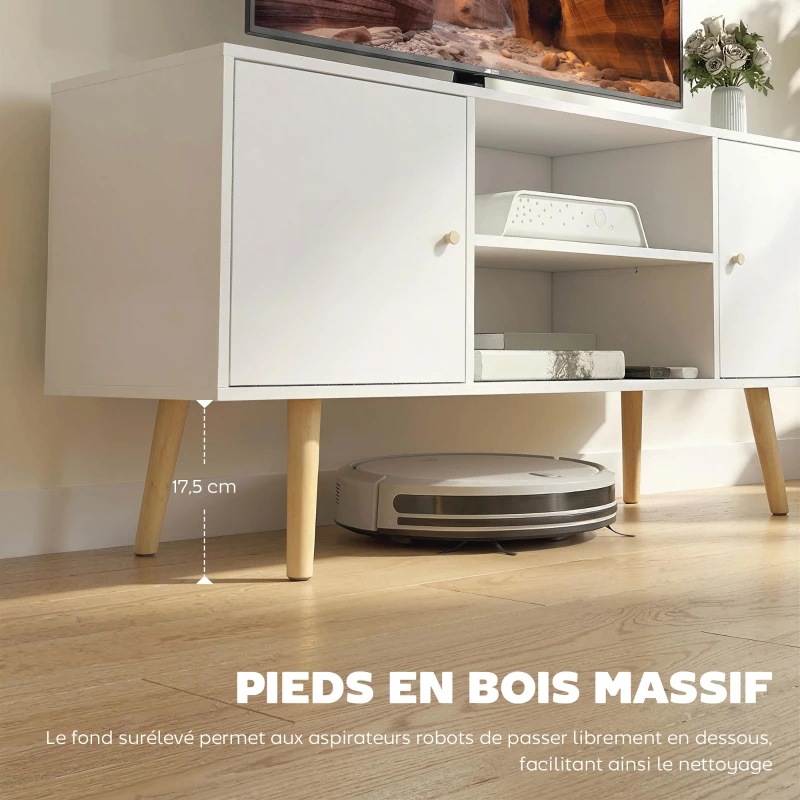HOMCOM Meuble TV style scandinave 2 portes 2 niches passe-fils piètement bois pin panneaux blanc - 120 x 34 x 50 cm blanc