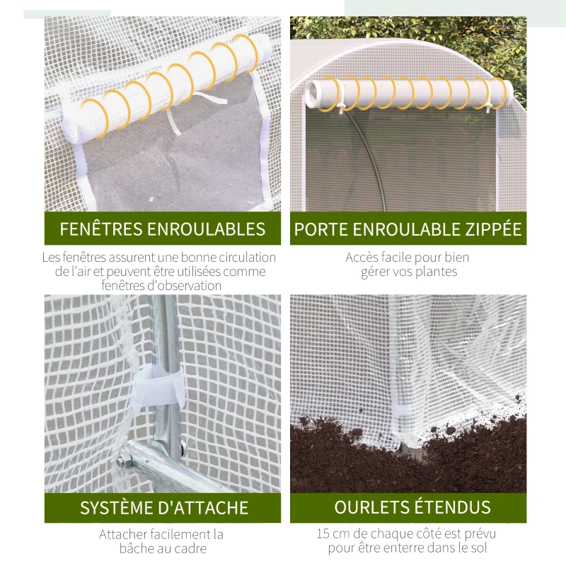 Outsunny Serre tunnel de jardin 8m², serre de jardin tunnel avec porte et 6 fenêtres, bâche PE 140 g/m² 400 x 200 x 200 cm blanc