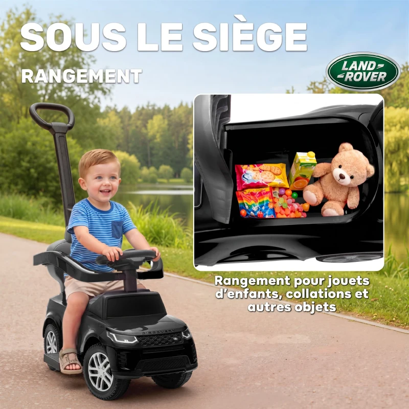 AIYAPLAY Porteur enfants Land Rover Discovery sous licence, porteur voiture à pousser avec poignée amovible, 84x40x94,5cm, noir