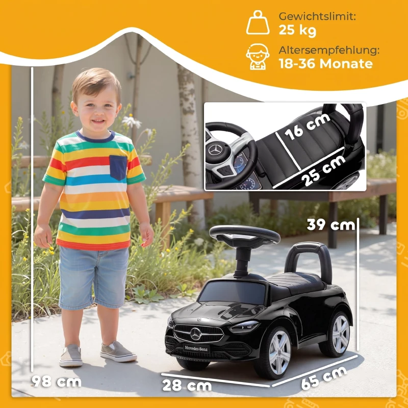 AIYAPLAY Mercedes-Benz C-Klasse loopauto met claxon, motorgeluiden en opbergruimte, voor kinderen van 18-36 maanden, zwart