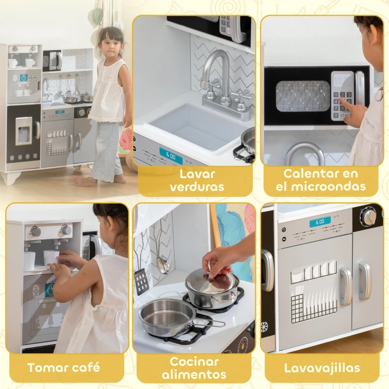 AIYAPLAY Cocina de Juguete de Madera con Sonido Accesorios de Acero Inoxidable para Niños a Partir de 3 Años Blanco
