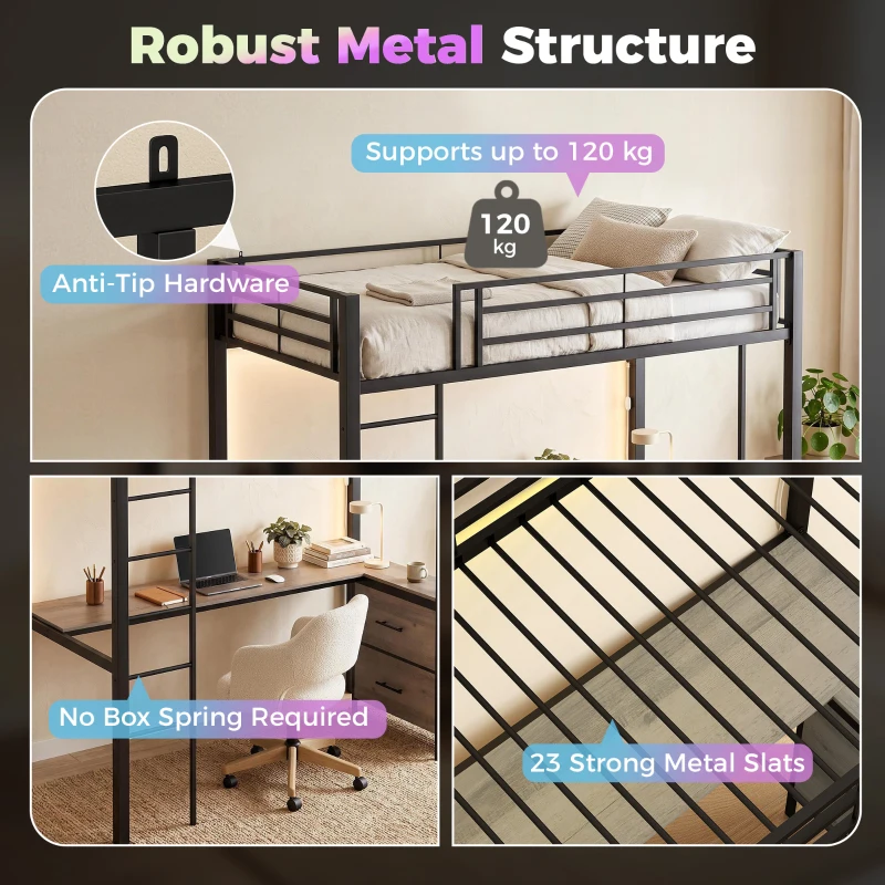 HOMCOM Metal Bunk Bed with Desk, High Sleeper Bed with LED Light and Safety Guardrail for Teens Adults, No Box Spring Needed