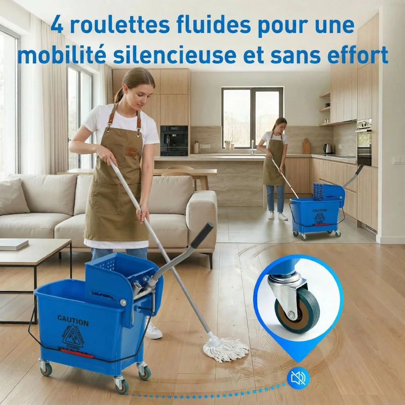 HOMCOM Chariot de ménage chariot de lavage essoreuse latérale seau 20 L, poignée et serpillère, 45 x 26,5 x 70 cm, bleu